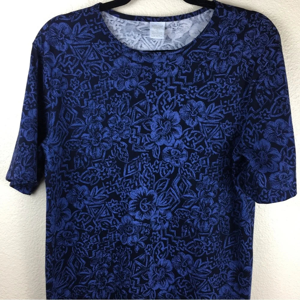 Land's End Navy Blue Floral Short Sleeve Stretch Cotton Made USA Dress Size S